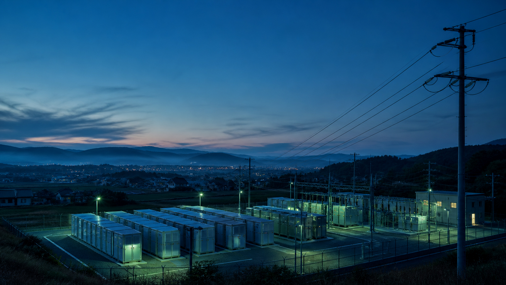 Utility-scale battery storage facility at dusk